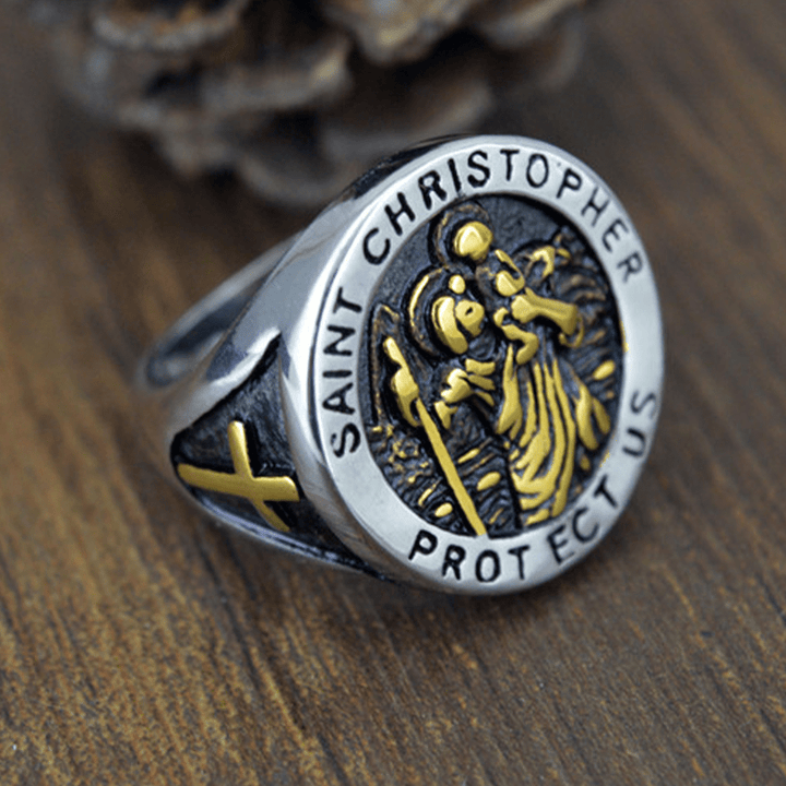 Christianartworkshop Saint Christopher Protect Us Medal Signet Ring - image 3
