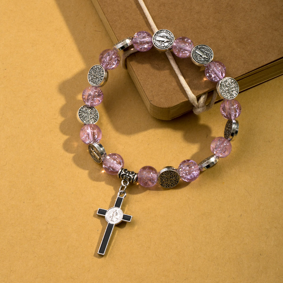 Christianartworkshop Jesus Cross Alloy Charm Pendant Beaded Bracelet - Purple - image 0