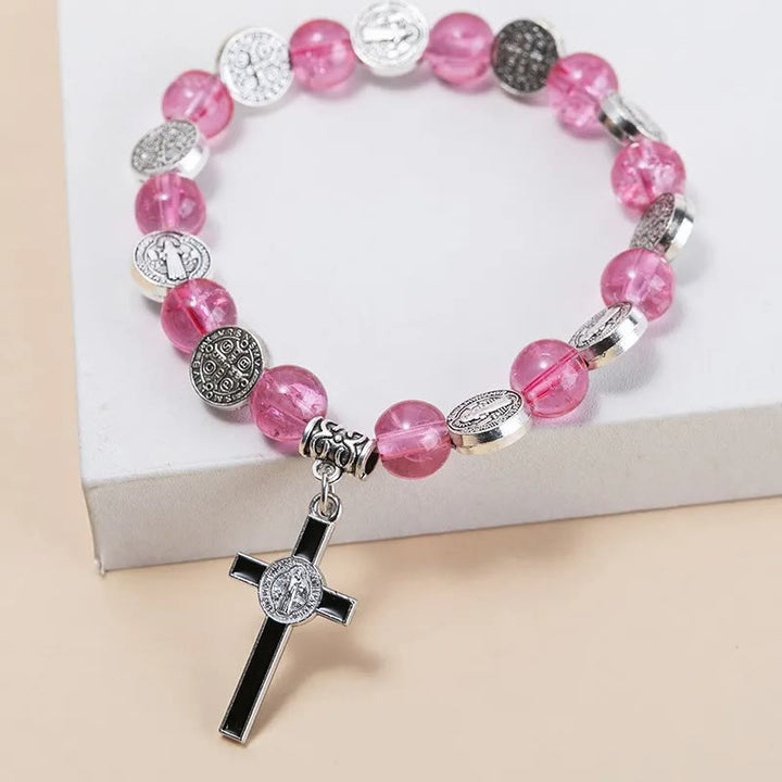 Christianartworkshop Jesus Cross Alloy Charm Pendant Beaded Bracelet - Rose - image 6