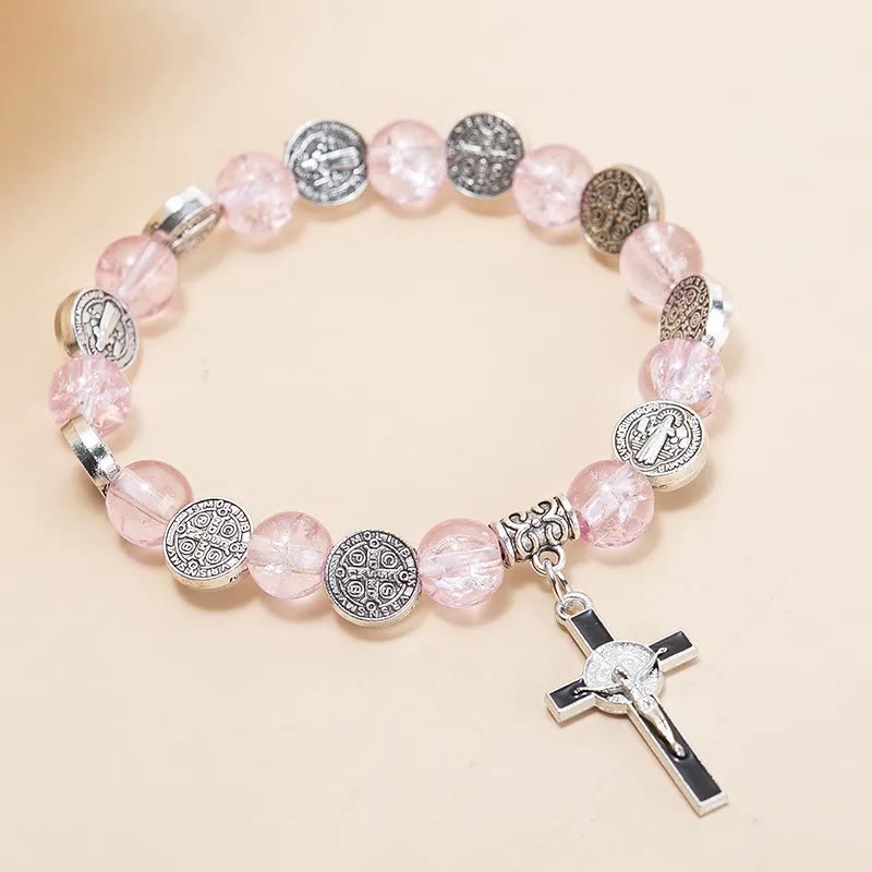 Christianartworkshop Jesus Cross Alloy Charm Pendant Beaded Bracelet - Pink - image 5