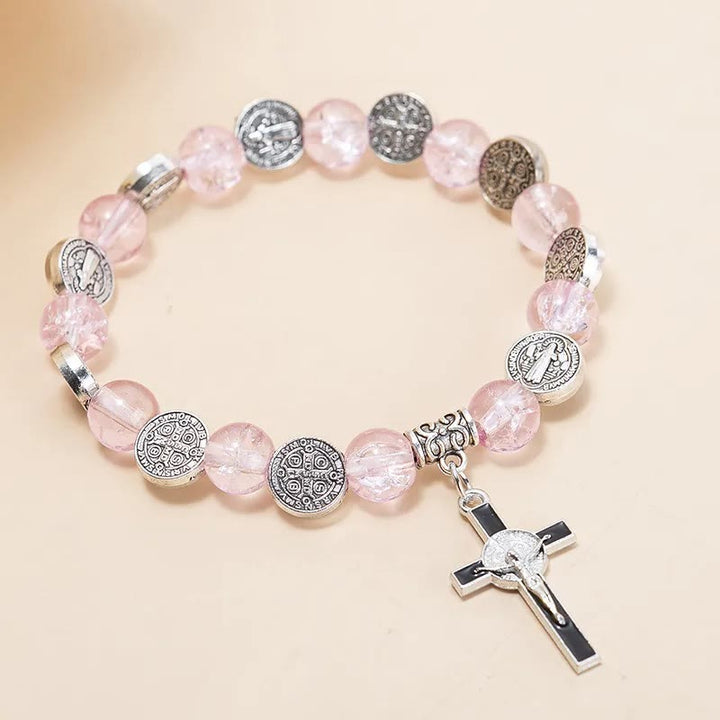 Christianartworkshop Jesus Cross Alloy Charm Pendant Beaded Bracelet - Pink - image 5