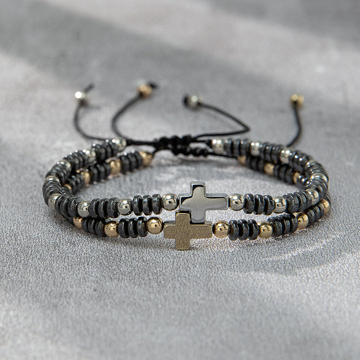 Christianartworkshop 2pcs Cross Decor Beaded Stackable Hematite Bracelet - Hematite - image 0