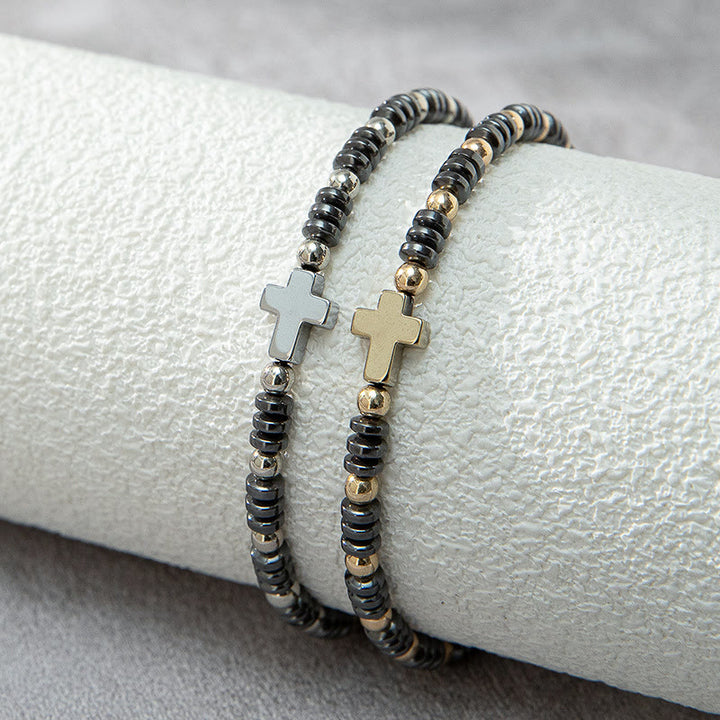 Christianartworkshop 2pcs Cross Decor Beaded Stackable Hematite Bracelet - image 1