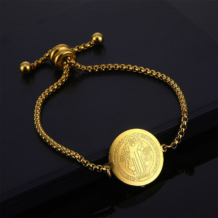 Christianartworkshop St. Benedict Engraved Medal  Adjustable Bracelet - Golden - image 0