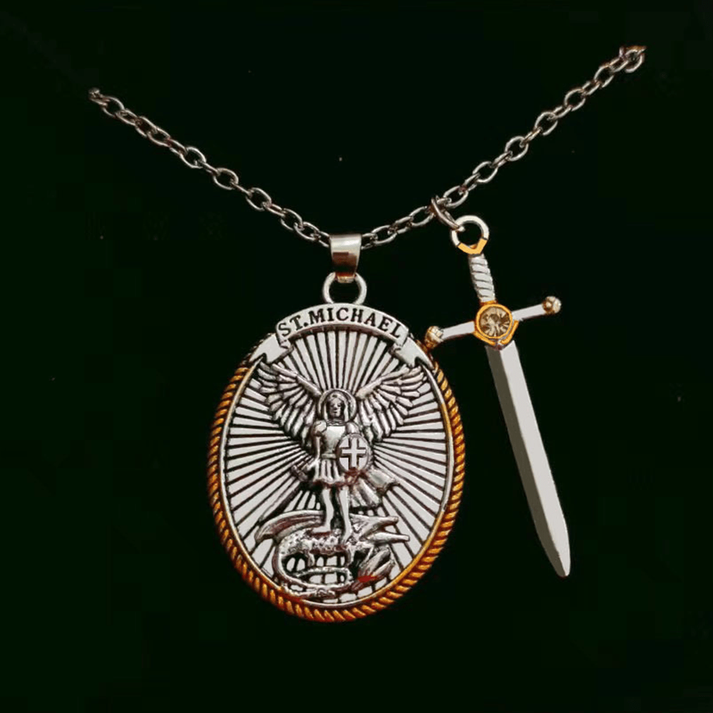 Christianartworkshop Two Tone Sword & Oval Shield St. Michael Pendant Necklace - image 3