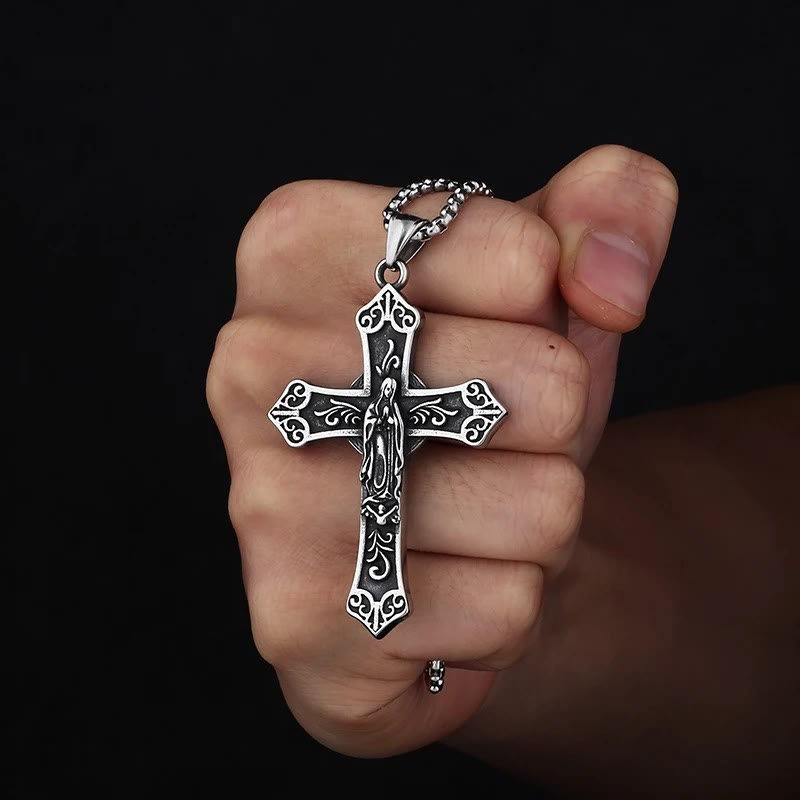 Christianartworkshop Retro Titanium Virgin Mary Cross Pendant Necklace - image 2