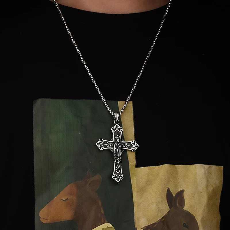 Christianartworkshop Retro Titanium Virgin Mary Cross Pendant Necklace - image 6