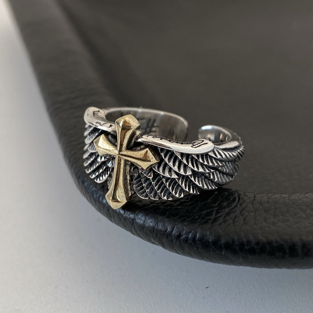 Christianartworkshop Retro Wings Cross Graffiti Letter Adjustable Ring - image 2