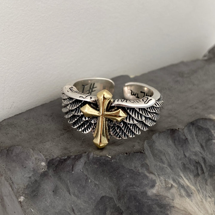 Christianartworkshop Retro Wings Cross Graffiti Letter Adjustable Ring - Adjustable - image 0