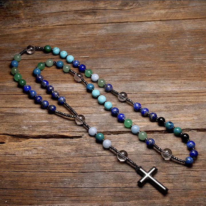 Hematite Cross Pendant Natural Stone Mix Christian Rosary - image 6