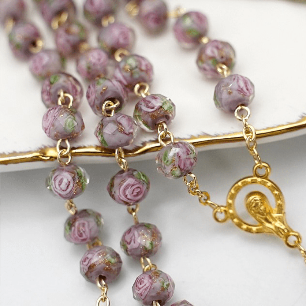Flower Rose Glazed Beads Rosary with Mary & Crucifix - image 3