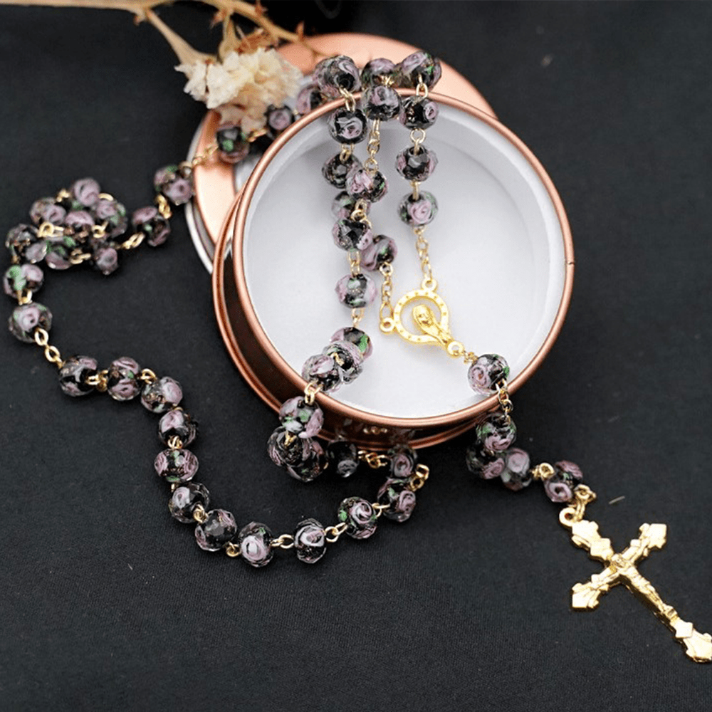Flower Rose Glazed Beads Rosary with Mary & Crucifix - Black - image 7