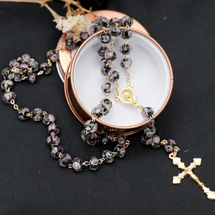 Flower Rose Glazed Beads Rosary with Mary & Crucifix - Black - image 7