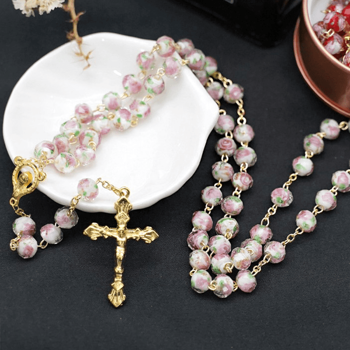 Flower Rose Glazed Beads Rosary with Mary & Crucifix - White - image 8