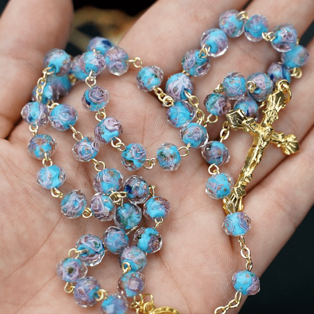 Flower Rose Glazed Beads Rosary with Mary & Crucifix - Sky Blue - image 4