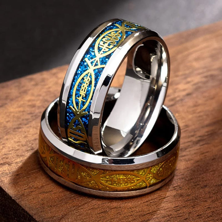 Christianartworkshop Rustic Stainless Steel Ring: "Jesus" in Fish - Blue - UK Size L1/2 (US 6) - image 0