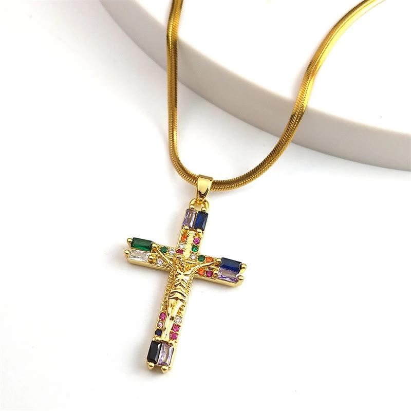 Retro Bohemian Style Colored Zirconia Cross Titanium Steel Necklace - image 3