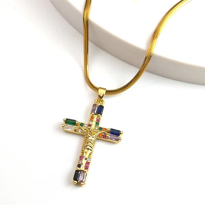 Retro Bohemian Style Colored Zirconia Cross Titanium Steel Necklace - image 3