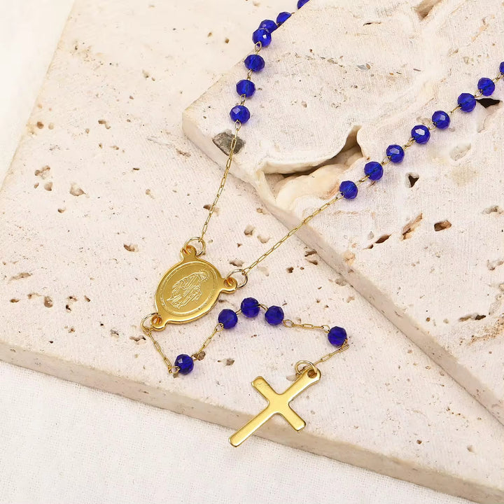 Virgin Mary Medal & Cross Pendant Glass Beads Necklace - Royal Blue - image 0