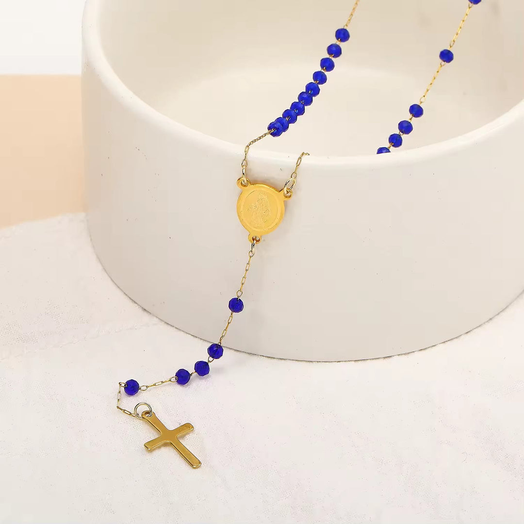 Virgin Mary Medal & Cross Pendant Glass Beads Necklace - image 2