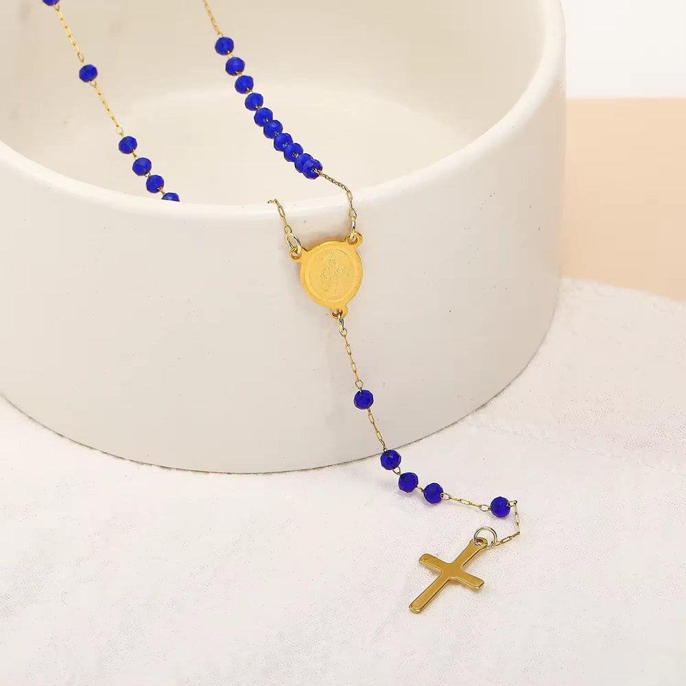 Virgin Mary Medal & Cross Pendant Glass Beads Necklace - image 2