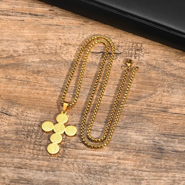 Christianartworkshop Round St. Benedict Cross Gold Pendant Necklace - image 1