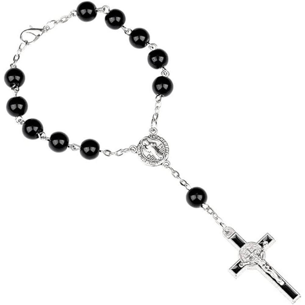 Handmade Beaded Cross Bracelet Pocket Rosary - Black - image 1
