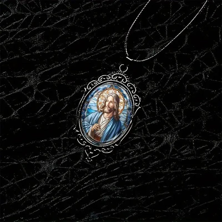 Christianartworkshop Retro Lace Oval Jesus Glass Pendant Necklace - image 2