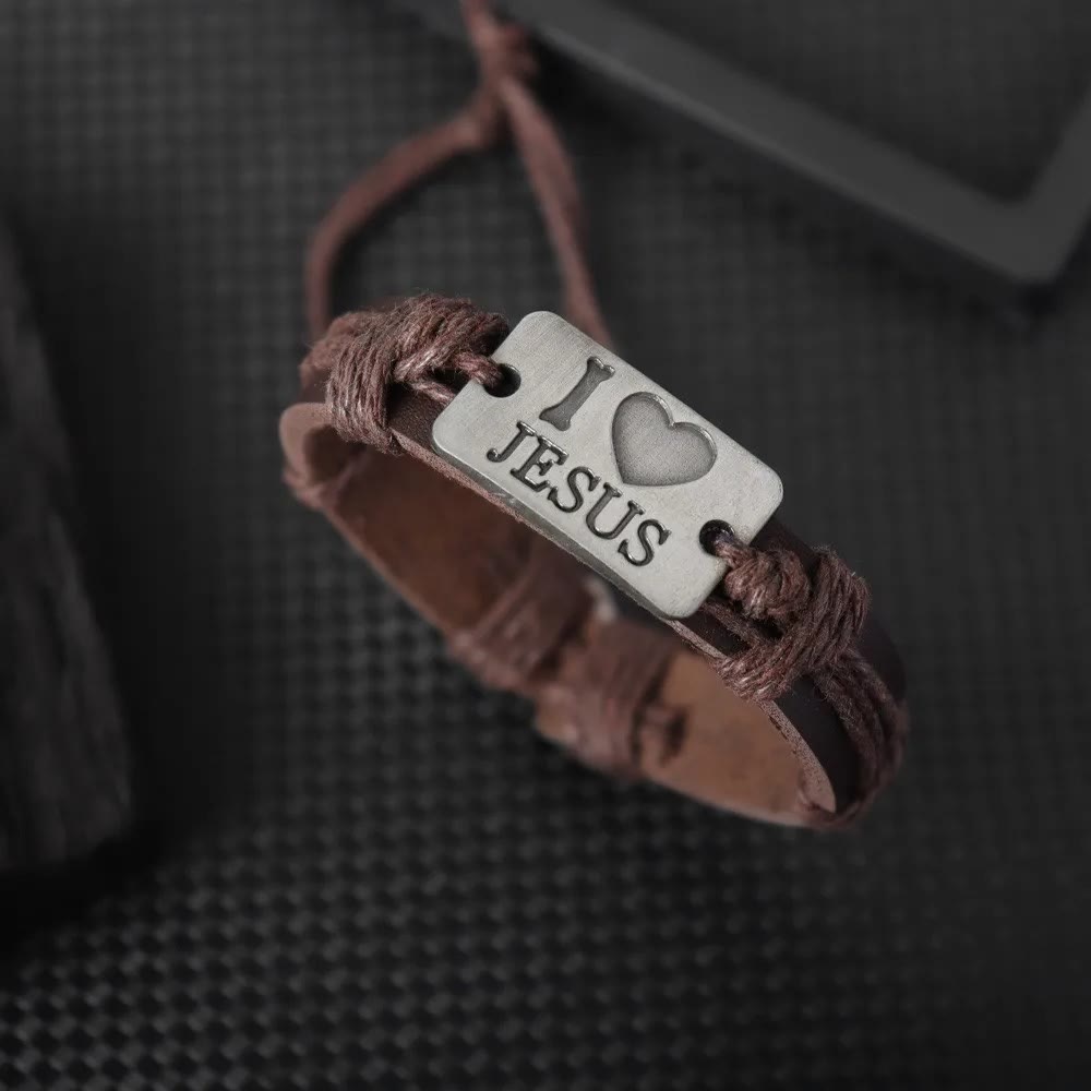 Christianartworkshop "I Love Jesus"  Jewelry Cross Adjustable Leather Bracelet - Brown-string - image 11