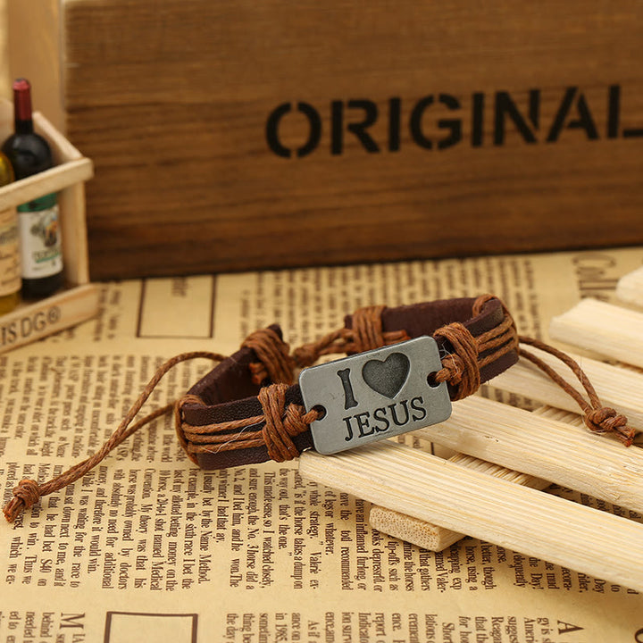 Christianartworkshop "I Love Jesus"  Jewelry Cross Adjustable Leather Bracelet - Khaki-string - image 14