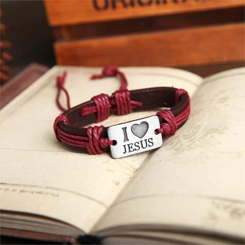 Christianartworkshop "I Love Jesus"  Jewelry Cross Adjustable Leather Bracelet - image 1