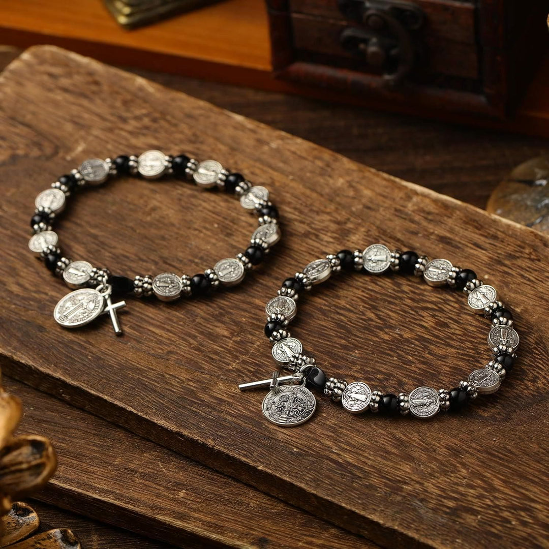 Christianartworkshop Silver St. Benedict Medal Rosary Bracelet - Black - image 0