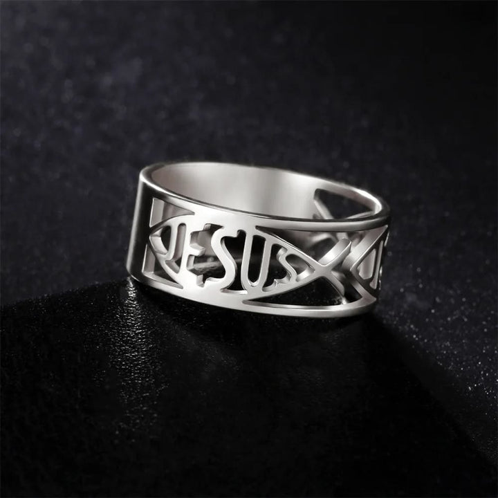Christianartworkshop Jesus Fish Skeleton Titanium Religion Ring - Silver - UK Size V1/2（US 11） - image 4
