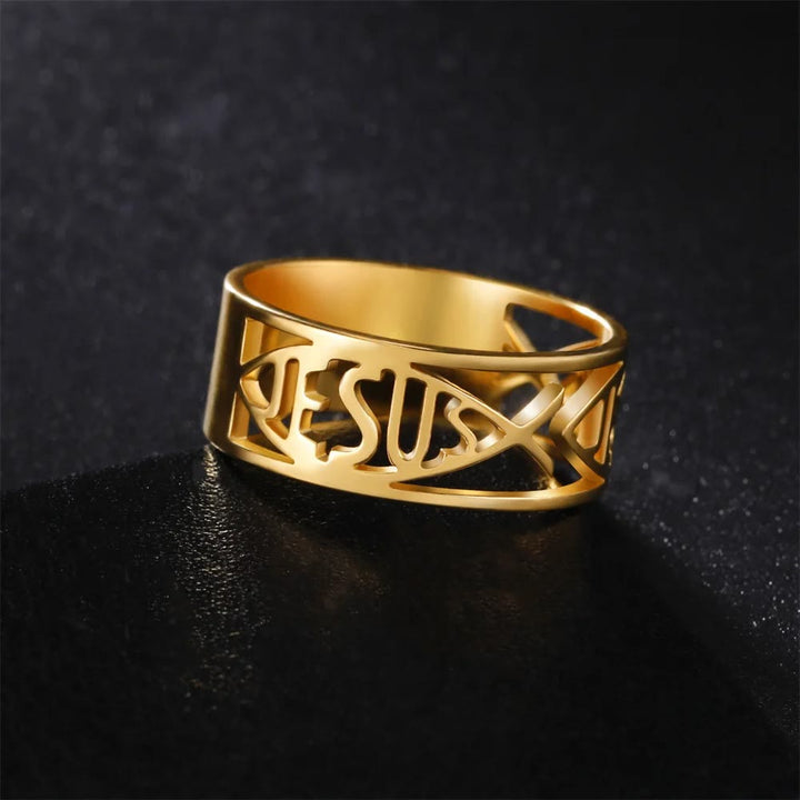 Christianartworkshop Jesus Fish Skeleton Titanium Religion Ring - Golden - US 11 - image 1