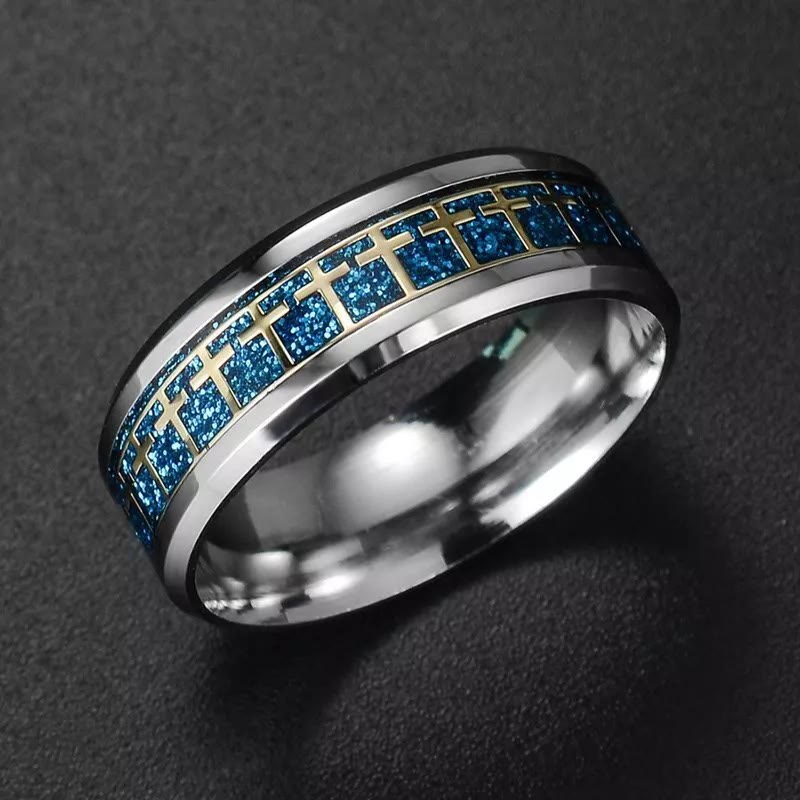 Christianartworkshop Shinny Jesus Cross Ring Religious Band Jewelry  - Blue - US13 - image 7