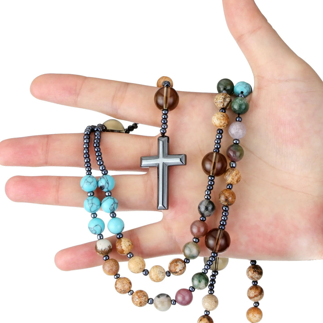 Hematite Cross Christian Religious Seven Stones Rosary - image 1