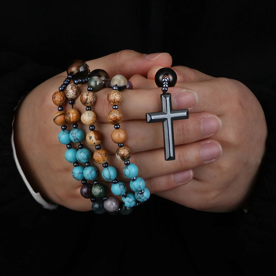 Hematite Cross Christian Religious Seven Stones Rosary - Seven Stones - image 0