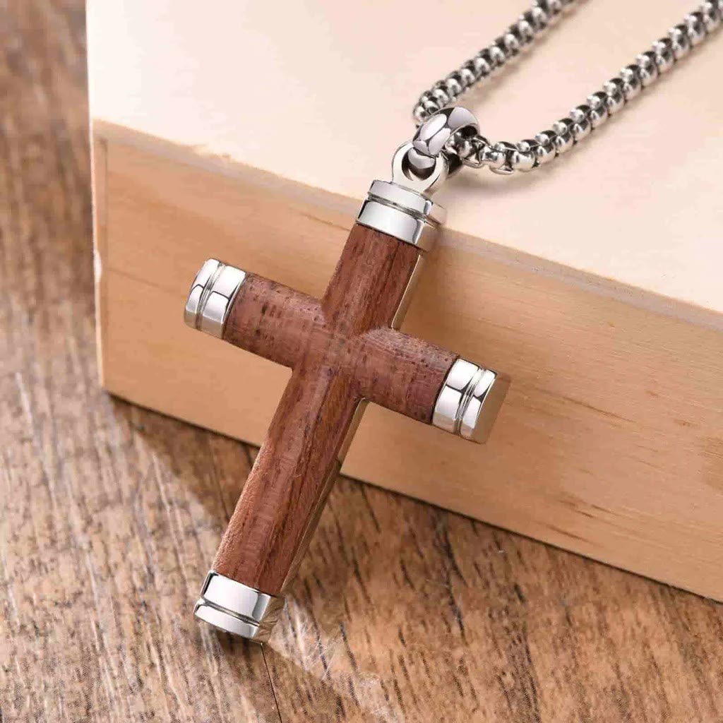 Christianartworkshop Pearwood Wooden Cross Pendant Titanium Necklace - Silver - image 9