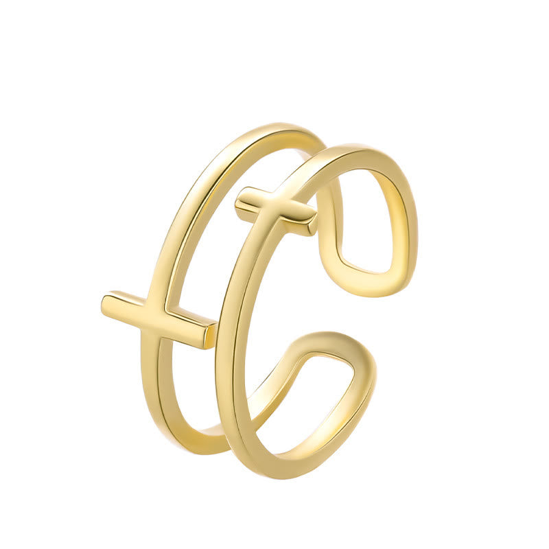 Christianartworkshop Double Cross Minimalist Ring - Adjustable(Suitable for UK Size L1/2 - UK Size V1/2) - Gold - image 0