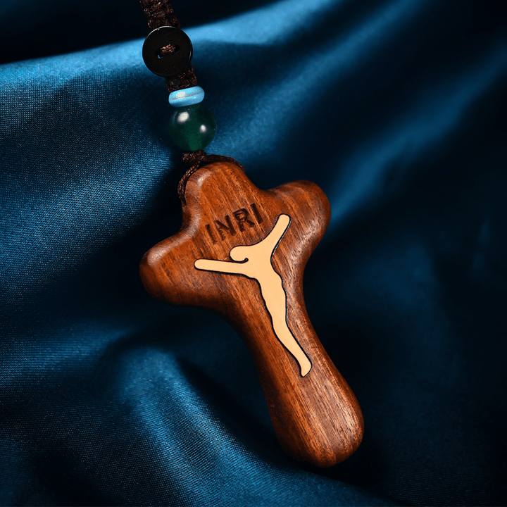 Christianartworkshop Rosewood Inlaid Boxwood Cross Pendant Necklace - Rosewood inlaid boxwood - image 0
