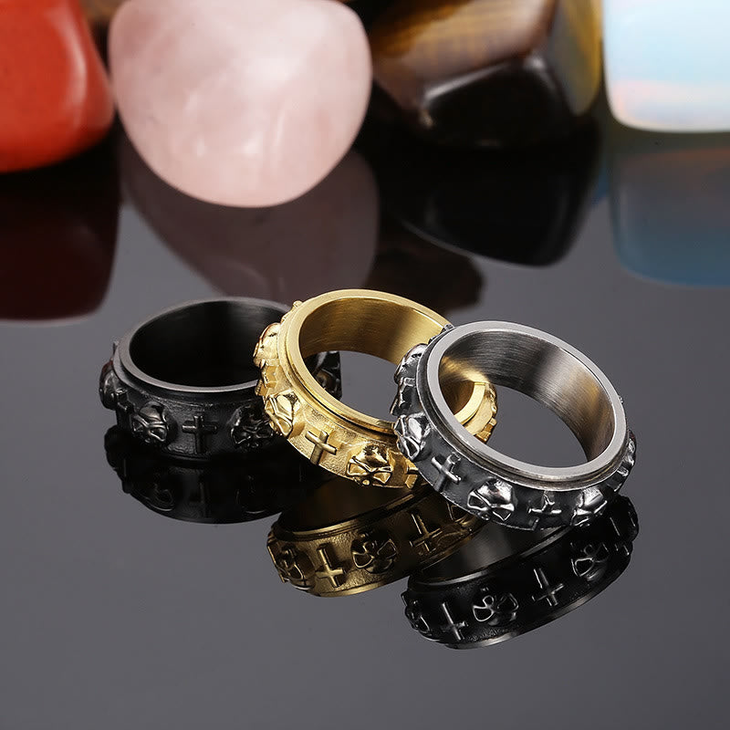 Rotatable Skull Head Cross Religion Ring