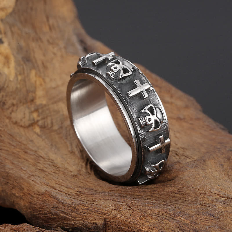 Rotatable Skull Head Cross Religion Ring