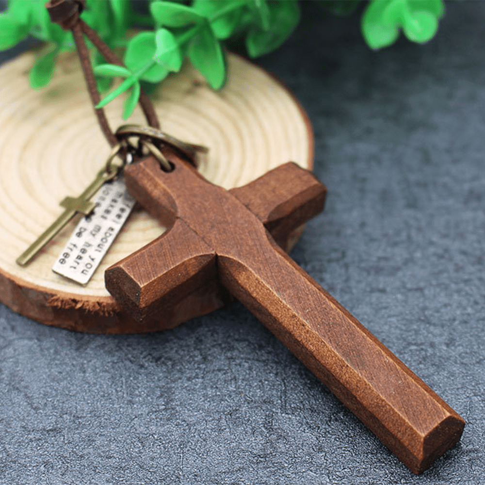 Christianartworkshop Vintage Wood Cross Adjustable Leather Necklace - image 2
