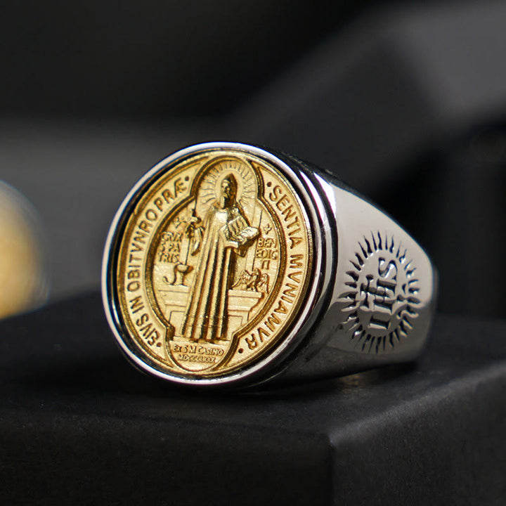 Christianartworkshop Two Tone Catholic St. Benedict Medal Cross Ring - UK Size Z（US 13） - image 0