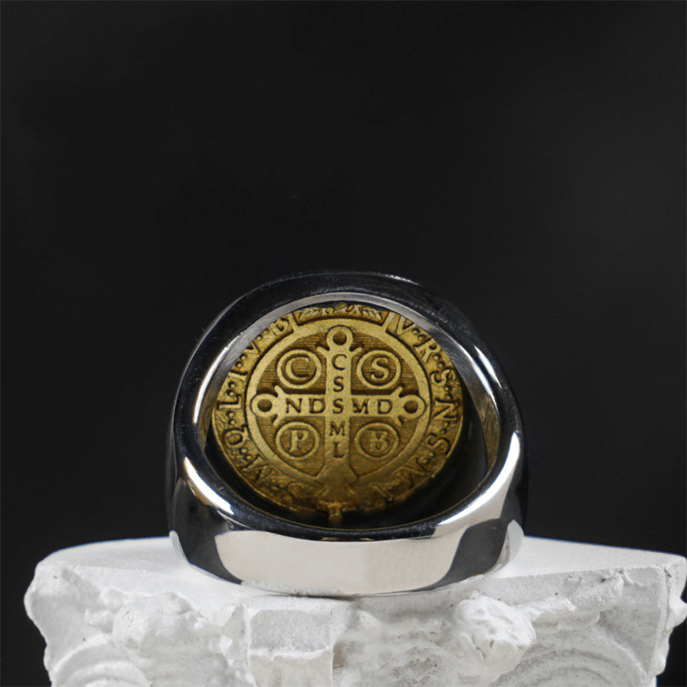 Christianartworkshop Two Tone Catholic St. Benedict Medal Cross Ring - image 1