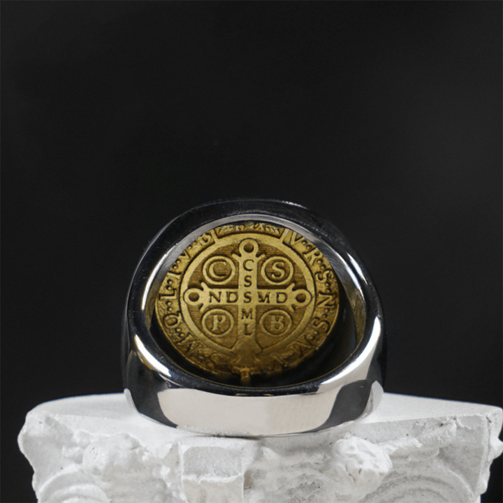 Christianartworkshop Two Tone Catholic St. Benedict Medal Cross Ring - image 1