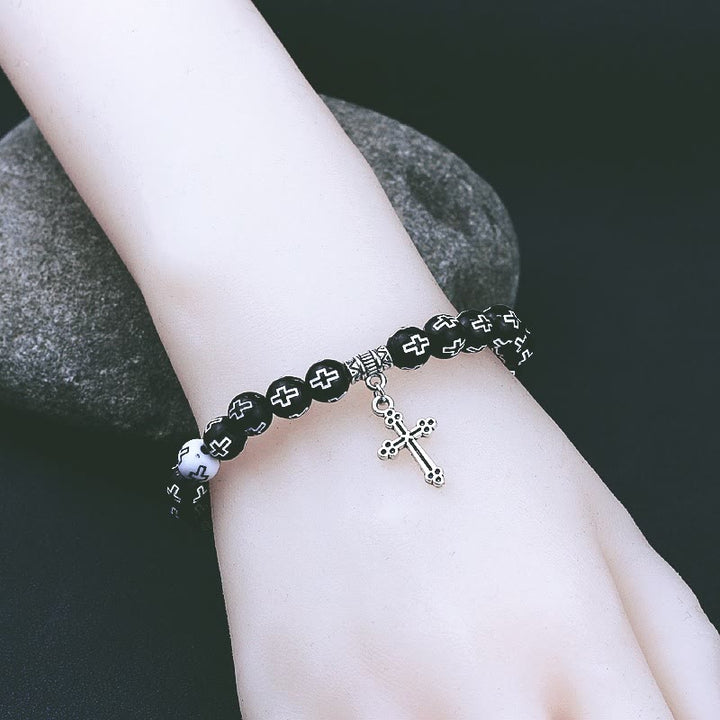 Christianartworkshop Cross Printed Black & White Bead Bracelet - image 3