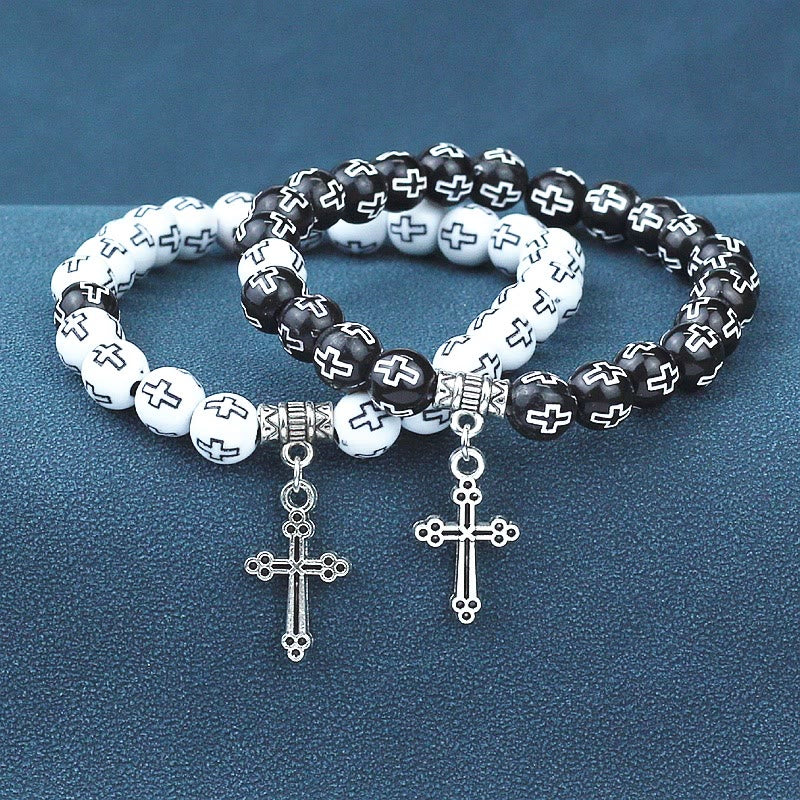 Christianartworkshop Cross Printed Black & White Bead Bracelet - Black - image 0