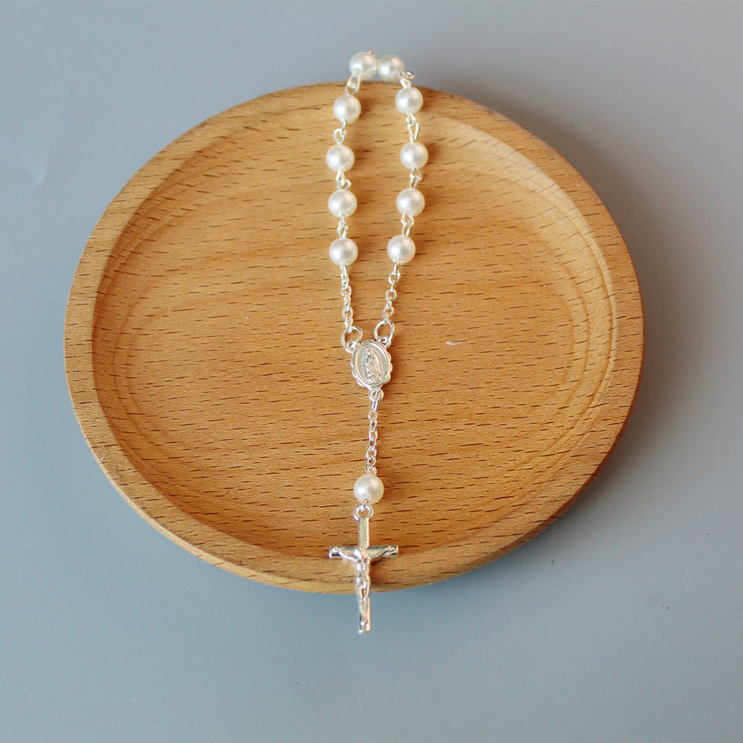 Pearl Beads Mini Rosary for Car/Baptism  - Silver - image 5