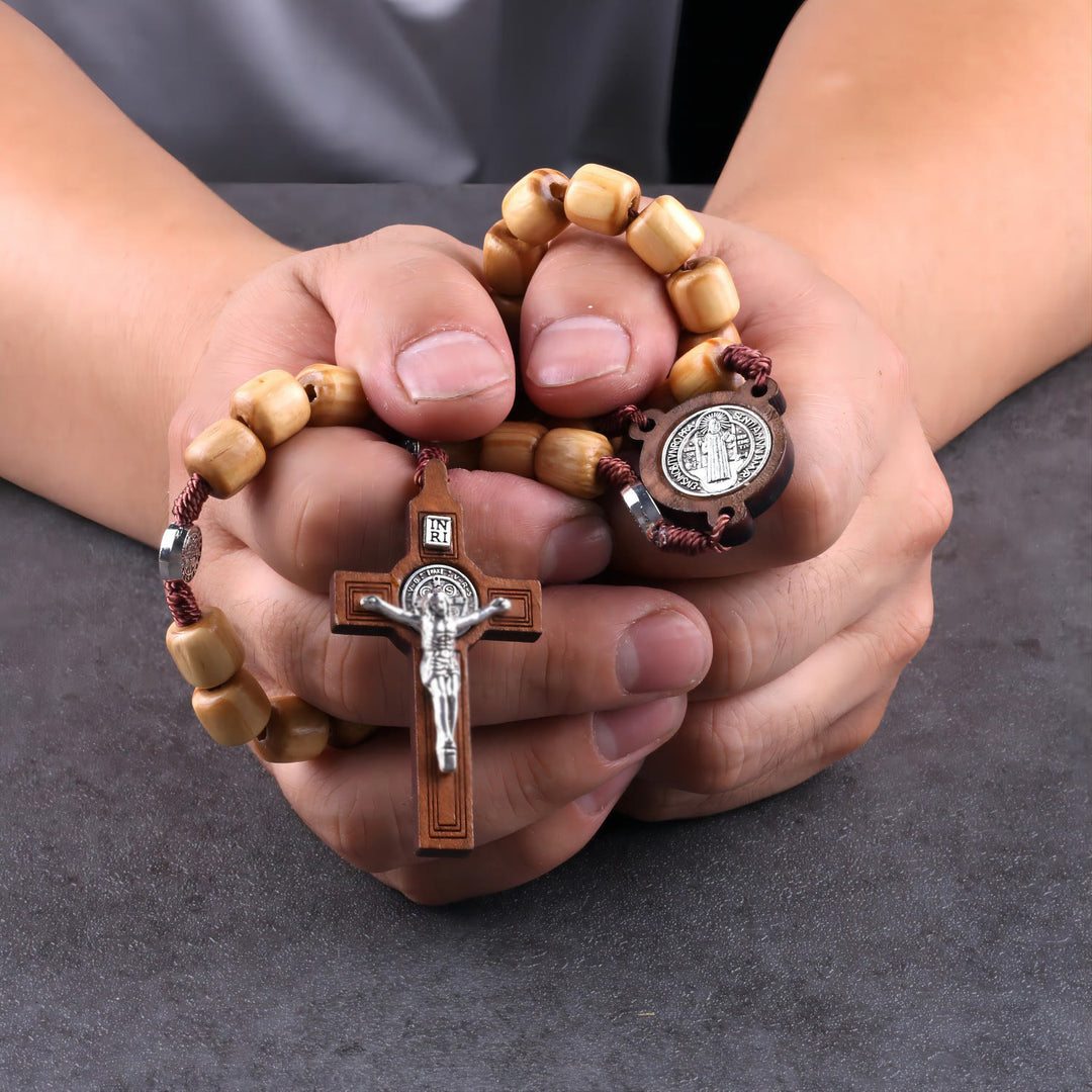 Crafted Natural Wood St. Benedict Crucifix Rosary - Brown - image 0